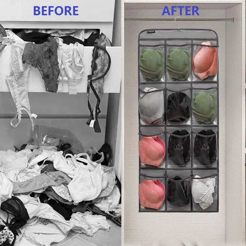 ANZORG Dual Sided Hanging Shoe Organizer for Closet with Rotating Hanger Hanging Shoe Rack Holder with 24 Large Pockets (GREY-Clear Pockets) - Image 4